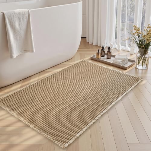 SIXHOME 40 * 60cm Braun-Weiß Badematte Super Absorbierende Waffle mit Quasten Badteppich Badematte rutschfest Maschinenwaschbare Badematte für Badezimmer von SIXHOME