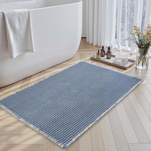 SIXHOME 50 * 80cm Blau-Weiß Badematte Super Absorbierende Waffle mit Quasten Badteppich Badematte rutschfest Maschinenwaschbare Badematte für Badezimmer SIXHOME 50 * 80cm Blau-Weiß Badematte Super Absorbierende Waffle mit Quasten Badteppich Badematte rutschfest Maschinenwaschbare Badematte für Badezimmer von SIXHOME
