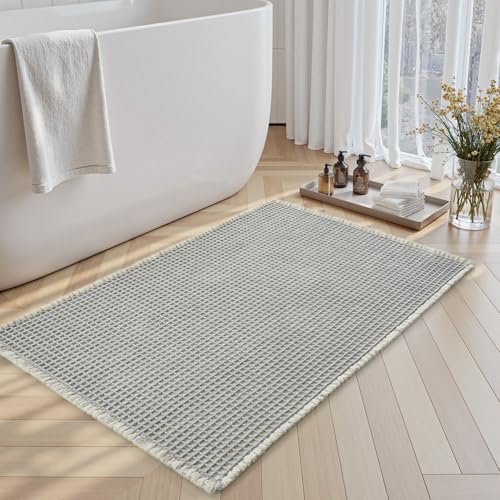 SIXHOME 60 * 90cm Grau-Weiß Badematte Super Absorbierende Waffle mit Quasten Badteppich Badematte rutschfest Maschinenwaschbare Badematte für Badezimmer von SIXHOME