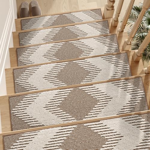 SIXHOME Beige 7Stück 76x20cm Stufenmatten Kitchen mat 3D-Abziehbilder und Sticks für Holzstufen im Innenbereich Treppenteppich Laufflächen Waschbare von SIXHOME