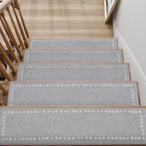 SIXHOME Grau 15Stück 76x20cm Treppenstufen Matten für den Innenbereich weiche Teppich Treppenstufenmatten Wiederverwendbarer Klebstoff Waschbarer Treppenläufer von SIXHOME