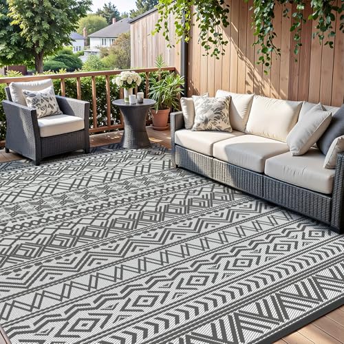 SIXHOME Outdoor Teppich Wetterfest, Wendbarer Balkon Picknick Teppich 180 * 270cm UV-Beständige, Boho-Style Leichtgewicht Outdoorteppich Carpet rutschfest für Garten Balkon Terrasse Camping, Grau von SIXHOME