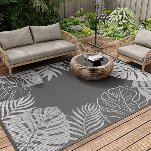 SIXHOME Outdoor Teppich Wetterfest 150 * 240cm, Balkon Teppich mit Modernem Pflanzen, Picknickdecke Muster Waschbarer Carpet für Garten Balkon Terrasse Camping, Grau und Weiß von SIXHOME