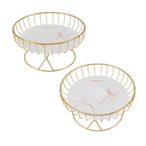 SIXRUN Metall Obstschale, Runde Große Obst Tablett mit Glattem, Gelüfteter Draht Korb für Küchen Zähler, Esstisch, Glas und Eisen Material (L weißer Hintergrund mit goldenen Streifen) von SIXRUN