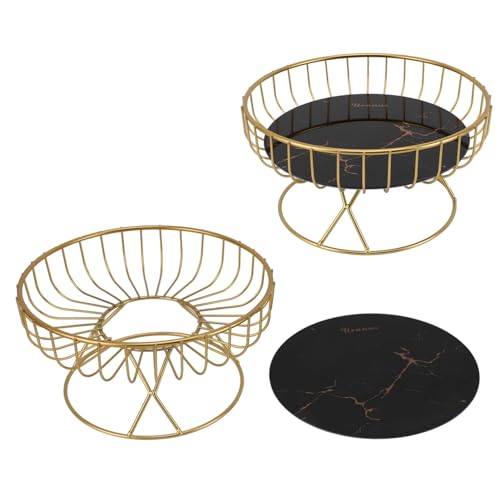 SIXRUN Metall Obstschale, Runde Große Obst Tablett mit Glattem, Gelüfteter Draht Korb für Küchen Zähler, Esstisch, Glas und Eisen Material (S schwarzer Hintergrund mit goldenen Streifen) von SIXRUN