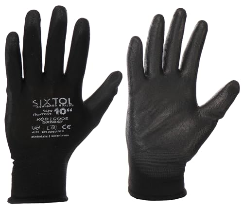 SIXTOL Arbeitshandschuhe aus Polyester, teilweise getaucht in Polyurethan GLOVE PE-PU 10, schwarz, Größe 10 | Schutzhandschuhe | Arbeitssicherheit von SIXTOL