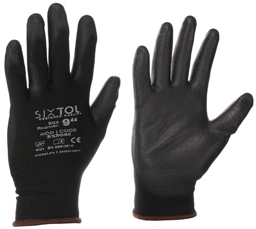 SIXTOL Arbeitshandschuhe aus Polyester, teilweise getaucht in Polyurethan GLOVE PE-PU 9, schwarz, Größe 9 | Schutzhandschuhe | Arbeitssicherheit von SIXTOL