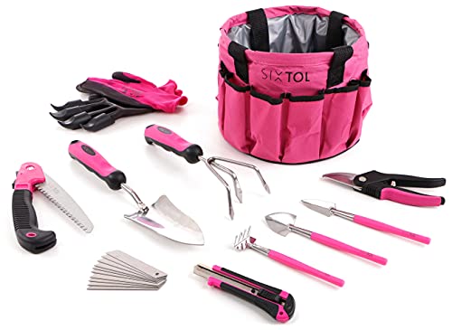 SIXTOL Garden PINK 10 Gartenwerkzeug Set | 10 STK. Garten Zubehör aus Edelstahl | Gartentasche als Geschenk Frauen | Für Gärtner | Gartengeräte mit Aufbewahrungstasche | Blumenschere, Gartenkralle von SIXTOL