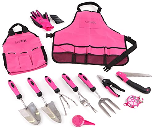 SIXTOL Garden PINK 12 Gartenwerkzeug Set | 12 STK. Garten Zubehör aus Edelstahl | Gartenschürze als Geschenk Frauen | Für Gärtner | Gartengeräte mit Aufbewahrungstasche | Blumenschere, Gartenkralle von SIXTOL