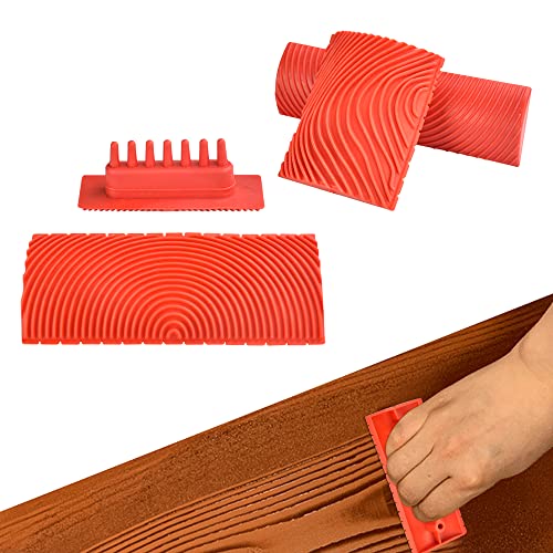 SIYINGSAERY 4 Stück Holzmaserung Schablone Rot Gummi Malwerkzeug Wiederverwendbare Maserierwerkzeug Holzmaserung Verschleißfestigkeit Wood Graining Tool Grain Roller für Diy Möbel Malerei Wand von SIYINGSAERY