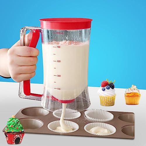 SIYINGSAERY Teigspender Teigportionierer 900ml Kuchen Teigspender Messbecher Dosierer Waffeln Teigspender Teigportionierer Cupcake Sonder Batter Backen DIY Werkzeug mit Deckel und Skala (Rot) von SIYINGSAERY