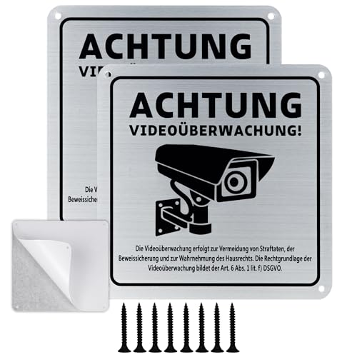Achtung Videoüberwachung Schild Privatgrundstück mit DSGVO Hinweis, 15x15cm 100% Alu,Warnschild Kamera überwachung, Selbstklebend und 4 Bohrlöcher, Warnschild für Innen Außen (Silber-2pcs) von SJAHRS