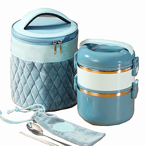 2 Ebenen Bento Box Lunchbox,Auslaufsichere Thermobehälter Lunchbox für Erwachsene,Stapelbare Speisegefäß für Essen für Schule Arbeit Picknick,mit Löffel Essstäbchen und Lunchtasche,Blau von SJASD