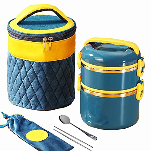 2 Ebenen Bento Box Lunchbox,Auslaufsichere Thermobehälter Lunchbox für Erwachsene,Stapelbare Speisegefäß für Essen für Schule Arbeit Picknick,mit Löffel Essstäbchen und Lunchtasche,Marine von SJASD