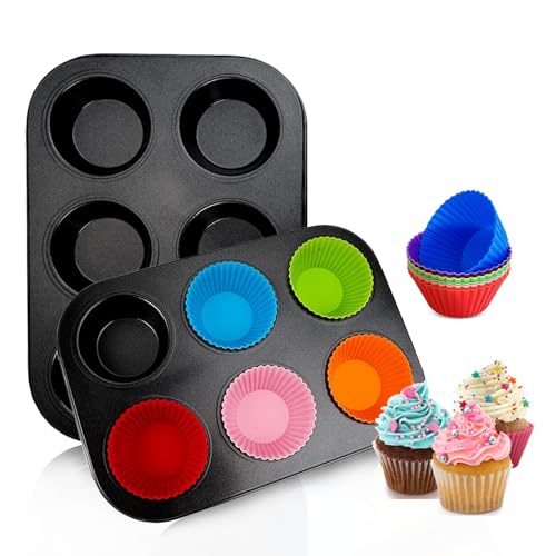 SJDOFU Muffinform Set - 2 Große Silikonformen für 6 Muffins und 12 Wiederverwendbare Förmchen - Muffinblech für Cupcakes (Schwarz) von SJDOFU