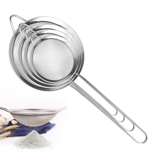 Küchensieb Set, 4 Stück Sieb, 7/10/14/18cm Küchensieb Edelstahl mit Verstärktem Griff, Haushaltssieb für Abtropfen Nudeln Quinoa Puderzucker Gemüse Obst Tee(Silber) von SJDOFU