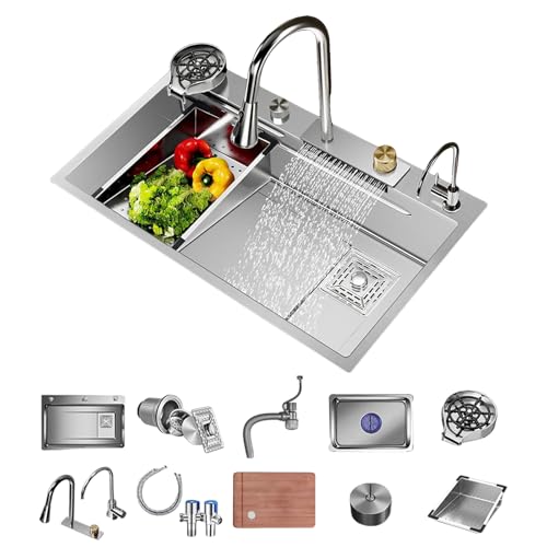 Küchenspüle, Wasserfallspüle, Haushaltsspüle, Arbeitsstationsspüle mit ausziehbarem Wasserhahn, Einbauspüle mit Zubehör, Edelstahlspüle 75 * 45 * 21cm von SJDUYD