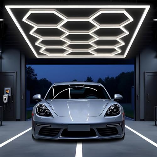 SJDUYD 5/14 Sechseck-Garagenleuchten, 6500 lm, 5-Raster, superhelle LED-Deckenleuchten – ideal für Lager, Werkstatt, Fitnessstudio, Keller, Autopflege 14 HEX von SJDUYD