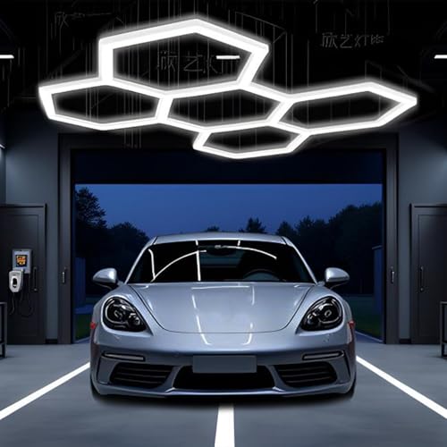 SJDUYD 5/14 Sechseck-Garagenleuchten, 6500 lm, 5-Raster, superhelle LED-Deckenleuchten – ideal für Lager, Werkstatt, Fitnessstudio, Keller, Autopflege 5 HEX von SJDUYD