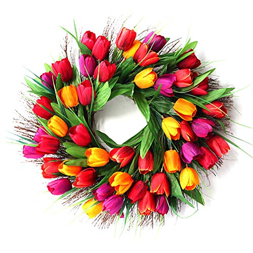 SJDWDX Künstlicher Tulpen-Kranz – Floraler Frühlingskranz – Seide handgefertigt Faux Tulpen Kranz mit Tulpen und grünen Blättern für Haustür, Fenster, Heimdekoration von SJDWDX