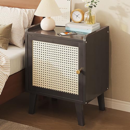 Bambus -Nachttisch, minimalistischer Nachttisch kompakter Beistelltisch mit Rattan -Tür, Couch -Endtisch mit Aufbewahrung für Wohnzimmer Schlafzimmer kleine Räume (31x26x38 cm (12x10x15 Zoll), von SJFJJKD