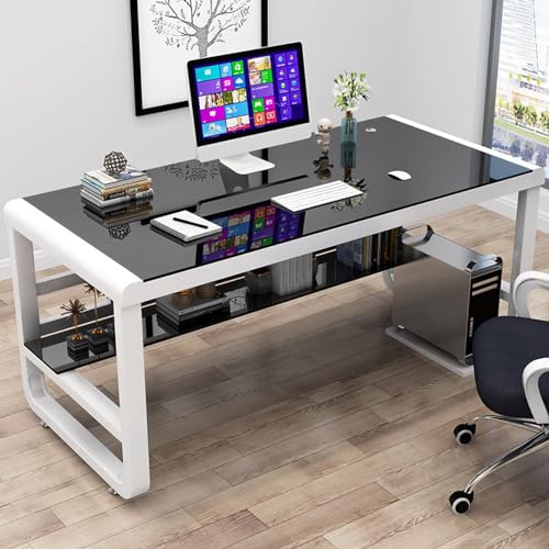 SJFJJKD Moderne einfache Studienschreibtabelle mit Lagerregalen Temperierter Glas Computer Schreibtisch für PC -Laptop -Gaming (80x60x75 cm) Schwarz -Weiß -Farbschema Friendship Years von SJFJJKD