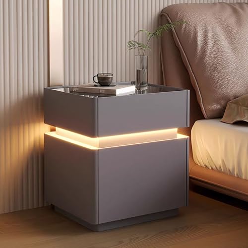 SJFJJKD Moderner Fingerabdruck -Schloss Nachttisch mit Glas Top 3 Schubladen versteckter Fach Fester Holz am Nachttisch leuchtet Friendship Years von SJFJJKD