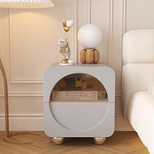 SJFJJKD Moderner Grauer Leder am Nachttisch mit blaugrüner Glas Top Kleiner Nachttisch Endtisch für Schlafzimmer oder Wohnzimmer minimalistisches Design 40x40x48cm Friendship Years von SJFJJKD