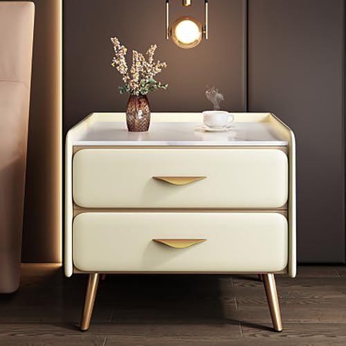 SJFJJKD Moderner luxuriöser Nachttisch mit PU Leder Finish & Faux Marmor Top Minimalist Nachttisch mit 2 Schubladen -Lagerschrank für Schlafzimmer und Wohnzimmer Gelb 50 x 40 x 52 cm Friendship Years von SJFJJKD