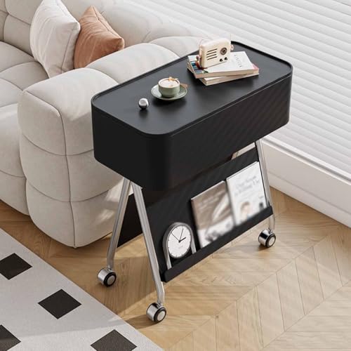 SJFJJKD Moderner runder Endtisch mit Rädern und Magazinregal klein für kleine Räume stilvoller Nachttisch mit Lagerung für Wohnzimmer oder Schlafzimmer Schwarz/Silber Farbe Friendship Years von SJFJJKD