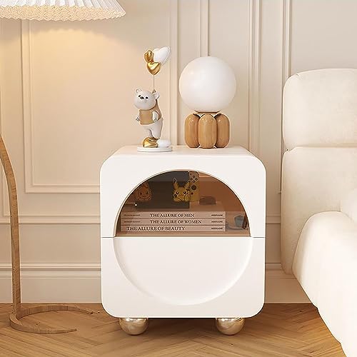 SJFJJKD Moderner weißer Leder Nachttisch mit blaugrüner Glas -Top Minimalist -Endtisch für kleine Schlafzimmer oder Wohnzimmer 45x40x48cm Friendship Years von SJFJJKD
