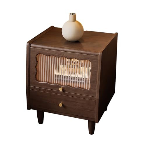 SJFJJKD Rustikaler hölzerner Nachttisch mit 2 Schubladen und Rattan/Glas -Tür ideal für die Lagerung des Schlafzimmers (Walnuss/Glas) Friendship Years von SJFJJKD