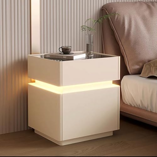 SJFJJKD Smart Nighttange mit Fingerabdruckschloss Moderner Endtisch mit temperamentierten Glas Top 3 Schubladen versteckt Fach fest Holz Nachttisch Leuchte 40 cm Friendship Years von SJFJJKD