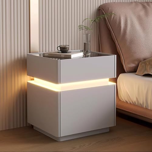 Smart Nighttange mit Fingerabdruckschloss Moderner Endtisch mit temperamentierten Glas Top 3 Schubladen und verstecktem Fach Massivholz Nachttisch -Nachtschrank hellfarben 40 cm Friendship Years von SJFJJKD