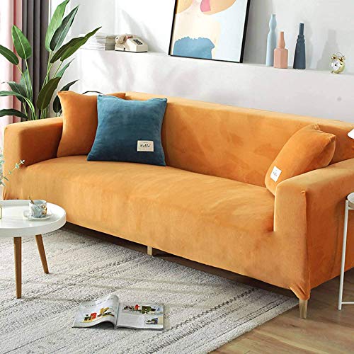 Samt-Sofabezug für 2-, 3-, 4-Sitzer, weicher Plüsch-Sofaschutz, Stretchbezug für Sofa und Armlehnen, wasserabweisend, Möbelschutz, Orange, 2-Sitzer, 140-170 cm von SJH