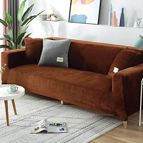 Samt-Sofabezug für 2-, 3-, 4-Sitzer, weicher Plüsch-Sofaschutz, Stretchbezug für Sofa und Armlehnen, wasserabweisend, Möbelschutz, Braun, 3-Sitzer, 190-220 cm von SJH