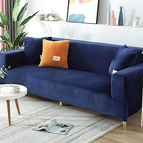 Samt-Sofabezug für 2-, 3-, 4-Sitzer, weicher Plüsch-Sofaschutz, Stretchbezug für Sofa und Armlehnen, wasserabweisend, Möbelschutz, Marineblau, 3-Sitzer, 190-220 cm von SJH
