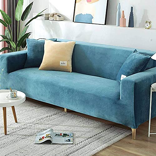 Samt-Sofabezug für 2-, 3-, 4-Sitzer, weicher Plüsch-Sofaschutz, Stretchbezug für Sofa und Armlehnen, wasserabweisend, Möbelschutz, Blau, 4-Sitzer, 235-280 cm von SJH