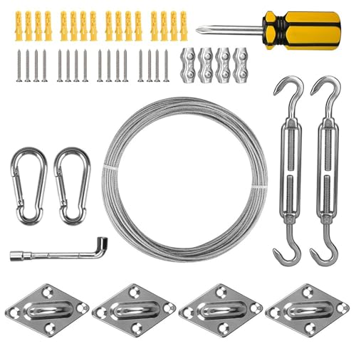 Sonnensegel-Hardware-Kit mit 15 m Kabeldraht, Edelstahl-Markisendach-Installationskit, Spannschlösser-Ösenhaken-Kit for den Garten von SJHDUNBW EUR