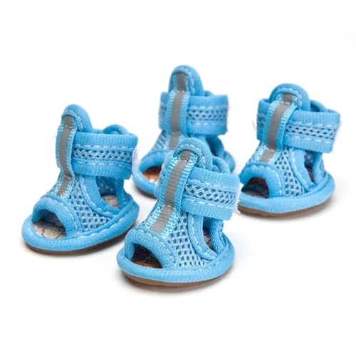 SJHFKDK Hundeschuhe Pfotenschutz Outdoor 4 Stück Sommer-Haustiersandalen mit Gummisohle, Hunde-Sneakers, reflektierende, atmungsaktive Mesh-Schuhe for kleine und mittelgroße Hunde(Blue,M) von SJHFKDK