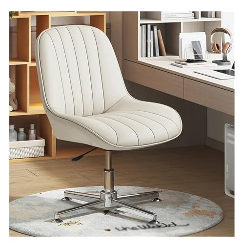 SJHPZG Ergonomischer Büro-Schreibtischstuhl aus Leder ohne Rollen moderner armloser gepolsterter Schminkstuhl drehbarer Computer-Arbeitsstuhl mit mittlerer Rückenlehne, höhenverstellbar von SJHPZG