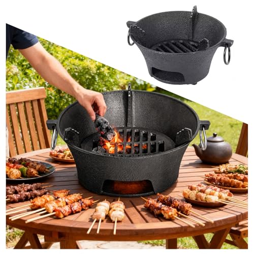 Holzkohlegrill Aus Gusseisen Holzbefeuerter Heizer Abnehmbares Design Hitzebeständiger Dreibein-Sockel Tragbarer Hitzebeständiger Griff for Grillen Heizen Im Freien(26x13.5cm/10.2x5.3”) von SJJALAKAJA