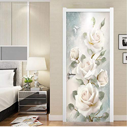 SJKstore Türtapete selbstklebend 3D Weiße Rose 95x215 cm wasserdichte 3D Tapeten Für Wohnzimmer Schlafzimmer Tür Tapete PVC Selbstklebende Aufkleber von SJKstore