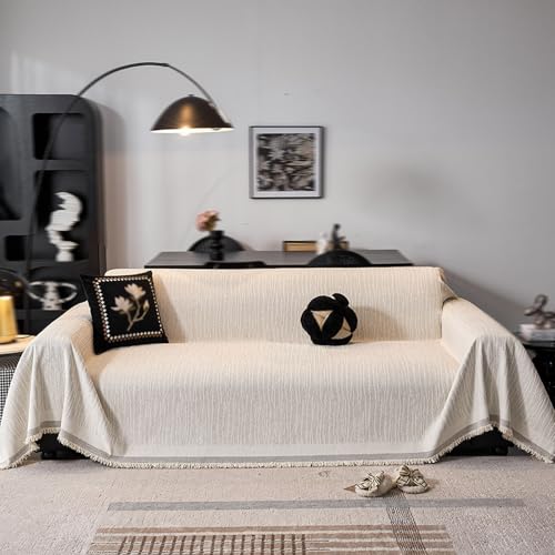 Multifunktionaler Sofabezug, Dekorativer Sofabezug,Wendbare Sofadecke mit Fransen,Chenille Couch Überwurf,Sofa Überzug 1/2/3/4 Sitzer,für Couch und Wohnkultur(Size:180 * 380CM,Color:Creme) von SJMDMZD