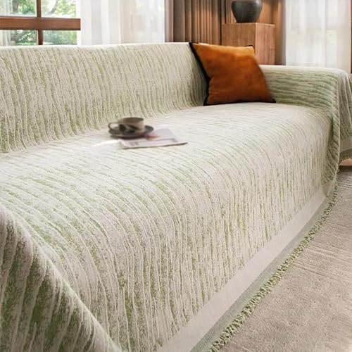 Reversible Sofadecke - Atmungsaktive & Strapazierfähige Baumwoll-Leinen-Optik Decke,Maschinenwaschbare Kuscheldecke mit Fransen für Couch und Wohnkultur(Size:180 * 380CM,Color:hellgrün) von SJMDMZD