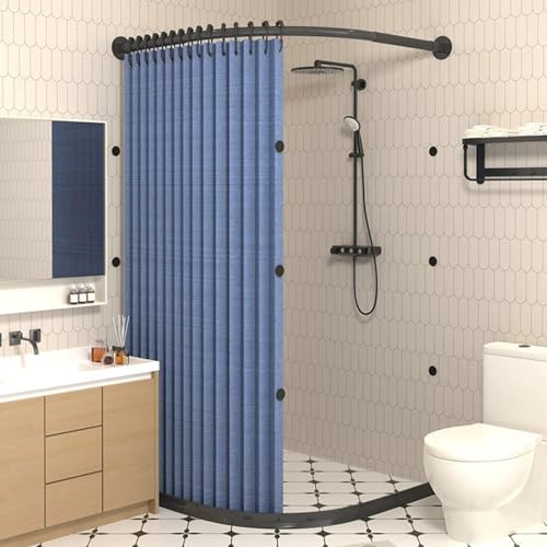 Gebogenes Duschvorhang-Set, magnetischer Faltduschvorhang, wasserdichte Badezimmer-Ecktrennwand mit gebogener Stange, mit Duschvorhangstange und Wasserrückhaltestreifen(X70~85cmxY100~120 cm,Blue + bla von SJMDSDSC
