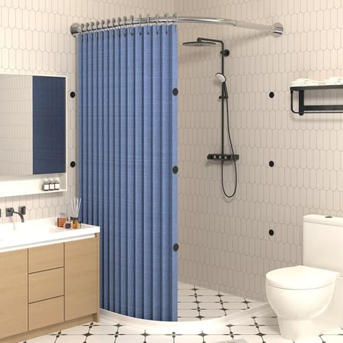 Gebogenes Duschvorhang-Set, magnetischer Faltduschvorhang, wasserdichte Badezimmer-Ecktrennwand mit gebogener Stange, mit Duschvorhangstange und Wasserrückhaltestreifen(X70~85cmxY70~85 cm,Blue + silve von SJMDSDSC