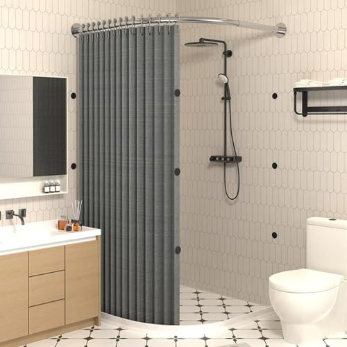 Gebogenes Duschvorhang-Set, magnetischer Faltduschvorhang, wasserdichte Badezimmer-Ecktrennwand mit gebogener Stange, mit Duschvorhangstange und Wasserrückhaltestreifen(X70~85cmxY70~85 cm,Gray + silve von SJMDSDSC