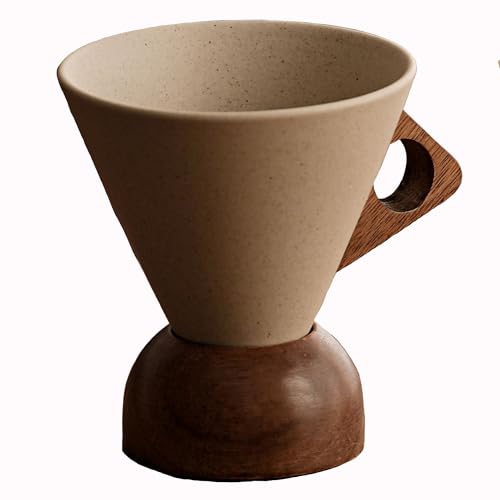 Retro-Kaffeetasse aus Keramik kreatives kegelförmiges Kaffeetassen Set für Frauen elegant klein Griff und Untersetzer aus Massivholz geeignet für Zuhause Restaurant Party und Büro(2 item,Large A) von SJMDSDSC