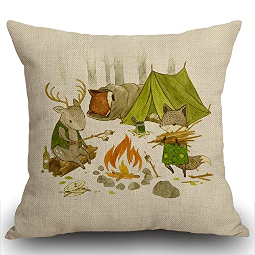 SJOAOAA Campingtier-Kissenbezug, Outdoor-Kissen, Baum, Hirsch, Fuchs, Zelt, Lagerfeuer, Outdoor-Abenteuer, Wurfkissenbezug, dekorativ für Wohnzimmer, Sofa, Bett, 45 x 45 cm von SJOAOAA